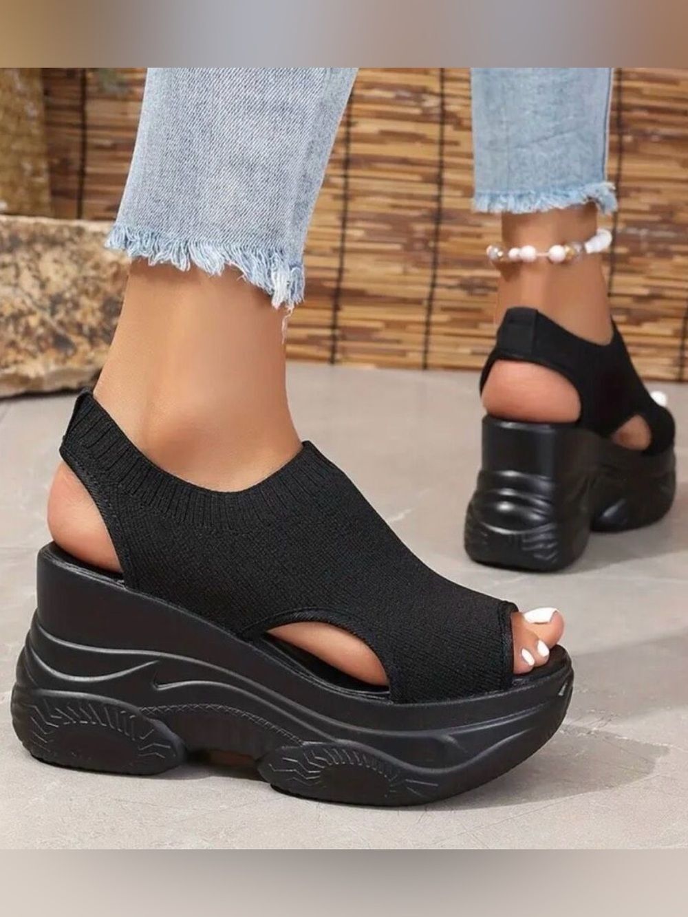 NWT Great Comfy 9 Black Elastic Open Toe High Platform Wedge Slingback Sandals